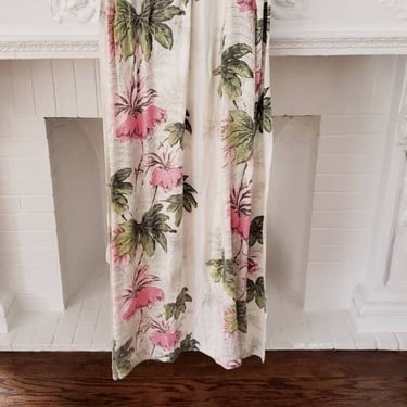 1940s Single Curtain Panel Floral Print Rayon / Vintage Drapery Pink Green Hawaiian Print Tiki Decor /  Kelani 