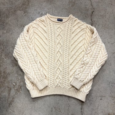 Vintage Lands End Chunky Roll Neck Cable-Knit Fisherman’s Sweater All Wool Men’s Large Made in England 