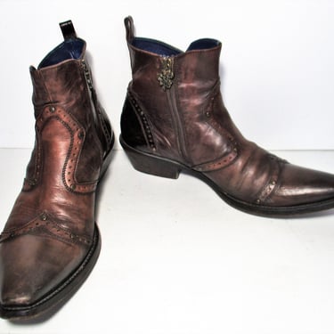 Vintage Mark Nason Brown Leather Ankle Boots, Size 9 Men, Side Zip, Rock n Roll, dragon theme 