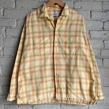 Large, 1950s Penneys Towncraft Yellow Plaid Button Up, Loop Collar 