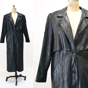 80s 90s Vintage Black Leather Jacket Trench Coat Long Black Leather Jacket Medium // Vintage Black Leather Trench Coat long Jacket 
