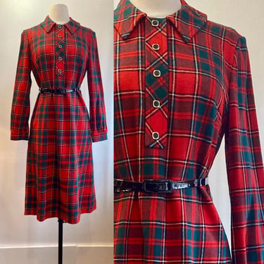 Vintage 60s PLAID Dress / Wool TARTAN Shirtdress / Red + Green / Button Placket + Cuffs / PENDLETON 