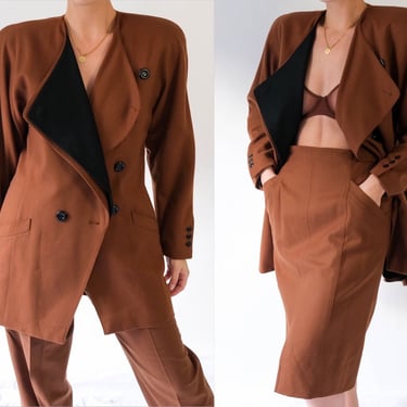 Vintage 80s ESCADA Caramel Brown Double Breasted Three Piece Suit w/ Double Lapel & Black Buttons | Made in W. Germany | 1980s Designer Suit 