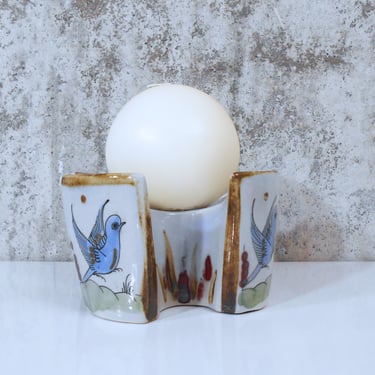 Pillar Candle Holder by Ken Edwards / Tonala, Mexico - Signed Handmade, Hand Painted Pottery 