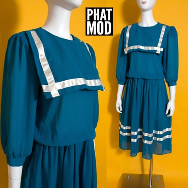Sweet Vintage 80s does 40s Turquoise Blue Sailor Style Dress 