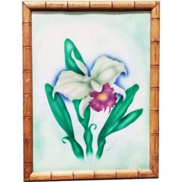 Mid Century Framed Painting "Cattleya Orchid" in Bamboo Frame Ted Mundorff 