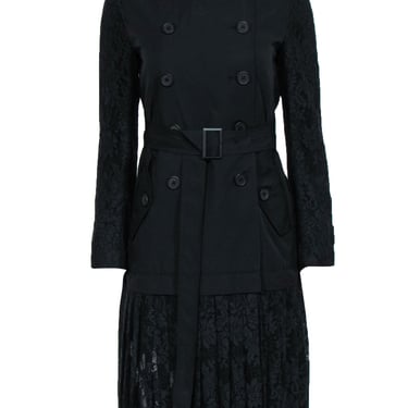 French Connection - Black Trench Coat w/ Lace Detail Sz 2