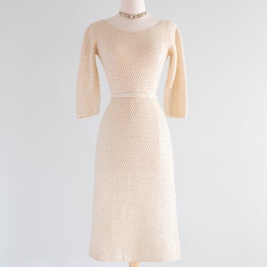 Iconic Late 1950's Ivory Aurora Sequined Knit Wiggle Dress From Hong Kong / SM