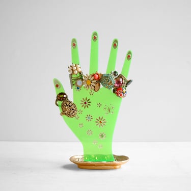 Vintage Green Acrylic Hand, Mid Century Ring Holder Hand with Rhinestones 