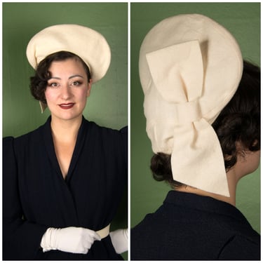 1940s Hat - Fantastic Deadstock Wool Felt 40s Halo Hat in Ivory with Huge Bow 