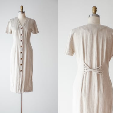 beige linen dress | 90s vintage natural oatmeal linen minimalist button down midi dress 