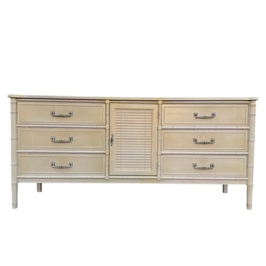 Faux Bamboo Dresser by Henry Link Bali Hai 70" Long - Vintage Painted Tan Shutter Louver Door Hollywood Regency Coastal Credenza 9 Drawers 