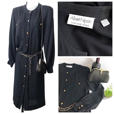 70s albert nipon black shirt dress gold buttons vintage lbd 