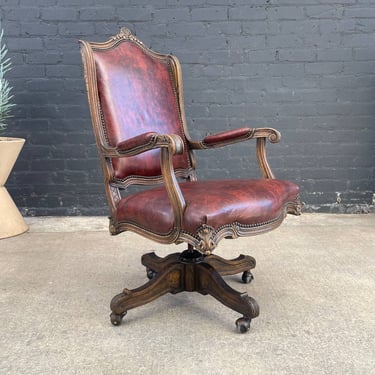 French Style Leather Swivel Carved Office Chair, c.1950’s 