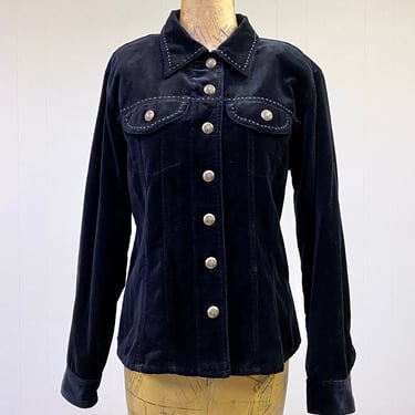 Vintage 1980s Black Velveteen Shirt Jacket with Western Styling 