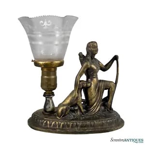 Vintage Art Deco Cast Metal Figural Artemis w/ Hunting Dog TV Table Lamp