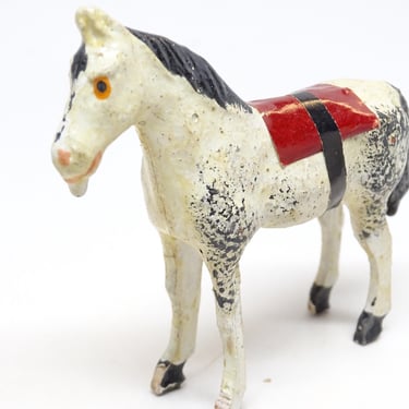 Antique 1930's German Horse with Wooden Stick Legs, Hand Painted Composite, Vintage Toy for Christmas Putz or Nativity 