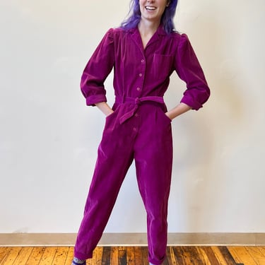 70’s Eggplant Purple Corduroy Puff Sleeve Tie Waist Trouser Jumpsuit