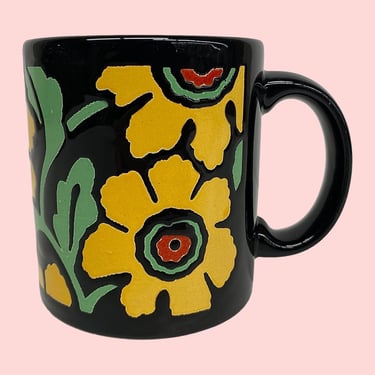 Vintage Waechtersbach Mug Retro 1960s Mid Century Modern + Ceramic + Black + Yellow Flowers + West Germany + Kitchen + Coffee/Tea Drinking 