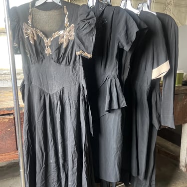 Lot of Vintage 1940s Black Crepe Dresses Beading Sequins Maxi Midi Peplum  Dress