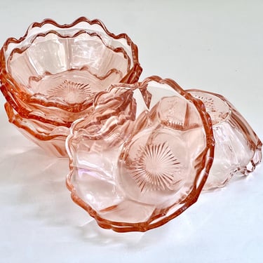 Pink Depression Glass Dessert Bowls Set of Five Double Scalloped Rim Fruit/Dessert Bowls 