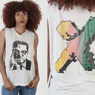 Vintage 80s Malcolm X T Shirt, White 50 50 Screen Stars Tee, Double Sided Black Power Top 