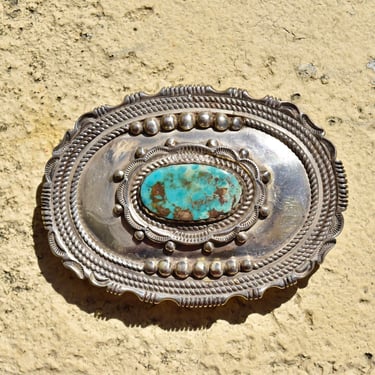 Vintage Hallmarked Native American Sterling Silver Turquoise Belt Buckle, Ornate Silver Concho W/ Natural Turquoise Stone, 'W Sterling', 