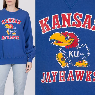 90s Kansas Jayhawks Sweatshirt - Men's Large, Women's XL | Vintage Unisex Blue V Stitch College Sports Pullover 