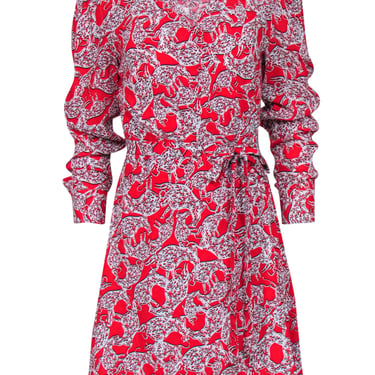 Diane von Furstenberg - Red Abstract Bull Print Long Sleeve Wrap Dress Sz S