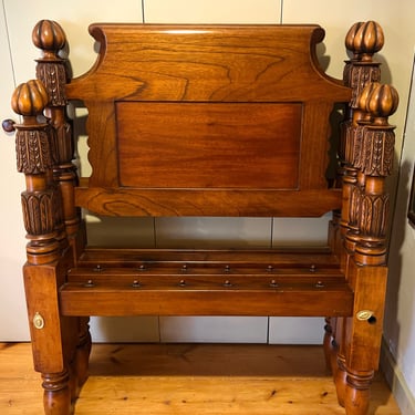 Pair of Melon Top &amp; Carved Bell Beds in Spanish Cedar, Twin Size with Roll-Back, Panel Headboards