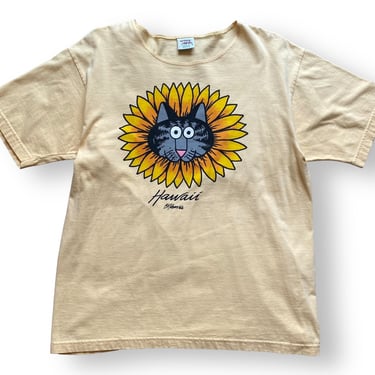 Vintage Hawaii Shirt Yellow Sun Flower Cat Womens Medium 80’s T-shirt 