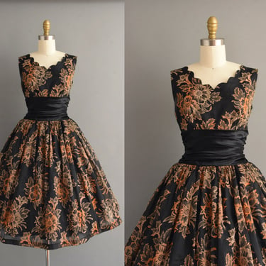 1950s dress | Gorgeous Black Chiffon Floral Sweeping Full Skirt Wedding Dress | Medium | 50s vintage dress 