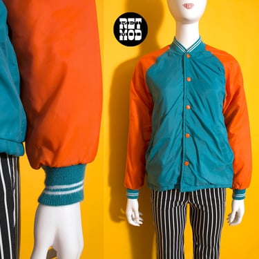 Fun Vintage 70s Turquoise & Orange Color Block Jacket Lined in Faux Fur 