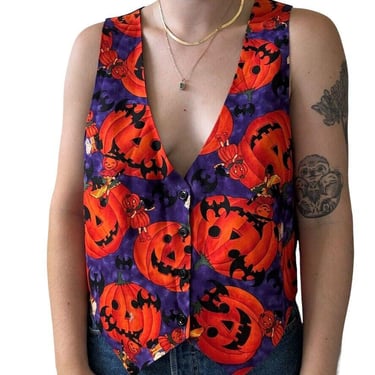 Vintage 1990s Halloween Holiday Pumpkin Fall Harvest Witch Vest Waistcoat Sz L 