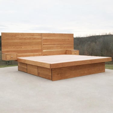 NdFvC01 +Solid Hardwood Cantilever Platform Bed, 6 dwrs, HB w/Side Tables; NdFvC01T, similar but w/trundle; NdFsC01 4 dwrs; NdFsC02 shorter 