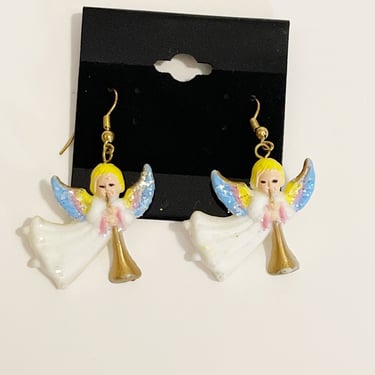 Vintage 1990s Angel Earrings Retro Style Vintage Cherub Earrings Trumpeting Angels Plastic Ear Wire Earrings Guardian Angels Musical Cherub 