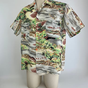 1950's Hawaiian Shirt - PENNEYS LABEL - Rayon Screen Printed - Loop Collar  - Made in Japan - Men's Size Medium 