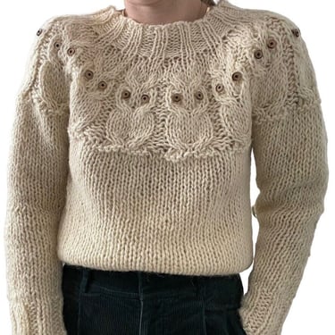 Vintage Womens Hand Knit White Icelandic Wool Owl Animal Fair Isle Sweater Sz M 