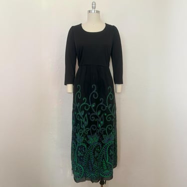 AS IS 1960s Black Knit and Organza Dress by Herbert Levy, Medium to Large | 60s Blue and Green Embroidered Maxi Dress (M, L, 44-35-50) 