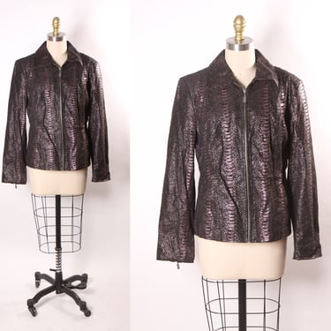 1990s 2000s Y2K Purple, Black and Silver Metallic Suede Leather Reptile Animal Print Long Sleeve Zip Up Jacket by Pamela McCoy -S 