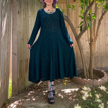 Vintage 1990’s Green Embroidered Swirl Long Sleeve Dress 