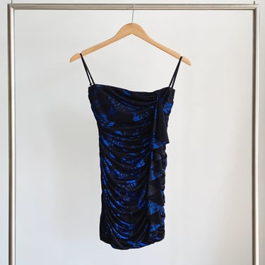 Black Strapless Dress With Blue Metallic Pattern