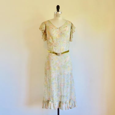 1920's Pastel Colors Tulip Print Floral Cotton Voile Dress Ruffle Sleeves Midi Art Deco Style Flapper 20's Spring Summer Dresses Size Small 