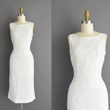 1950s vintage dress | White Cotton Lace Cocktail Party Pencil Skirt Dress | Small | 50s dress 