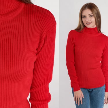 Red Turtleneck Sweater 90s Ribbed Knit Top Acrylic Wool Retro Pullover Turtle Neck Shirt Long Sleeve Plain Solid Basic Vintage 1990s Medium 