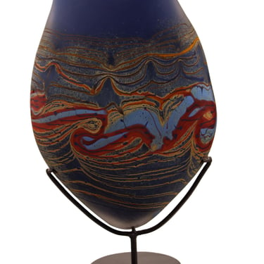 Bill Poceta Signed Hand Blown Art Glass Vessel on Stand Red & Blue Swirl Design 
