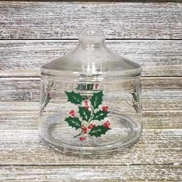 1970s Vintage Holly Christmas Jar, Clear Indiana Glass Candy Snack Jar, Apothecary Style, Vintage Holiday Home Decor 