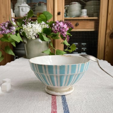 Beautiful vintage French ironstone blue strips cafe au lait bowl- BS1 