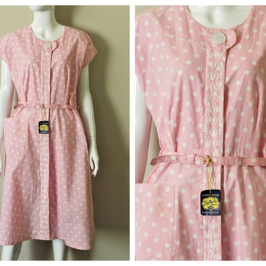 50s Frock Dress / NWT Top Mode Vintage 1950s Pink White Polka Dot Metal Zip Front Cotton House Dress Volup / Size US 10 12 waist 34 inches 