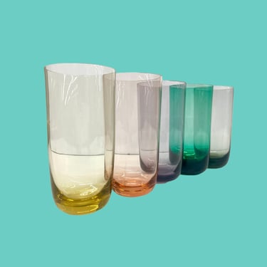 Vintage Drinking Glasses Retro 1990s Contemporary + Set of 5 + Clear + Assorted Colors + Tumblers + Curved + Kitchen and Bar Decor 